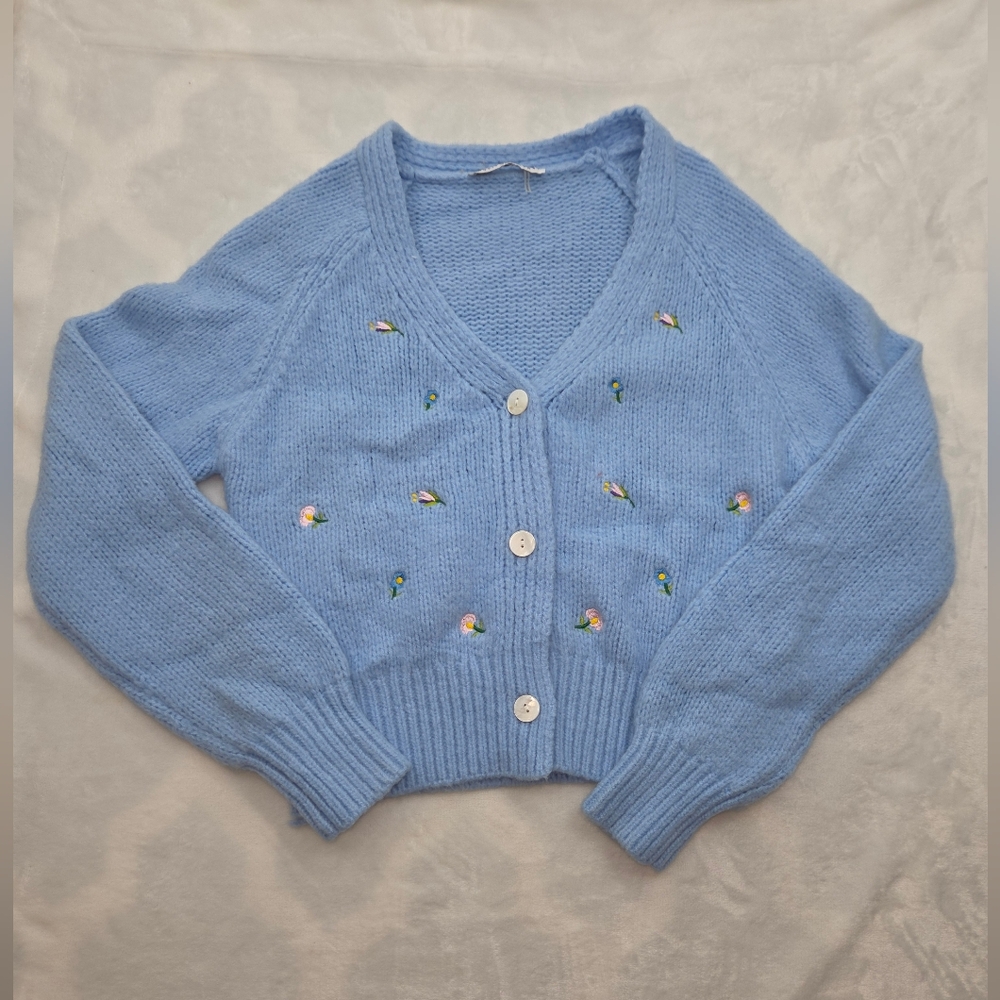 English Factory Cropped Cardigan Tank Set Blue Floral XS Knit
